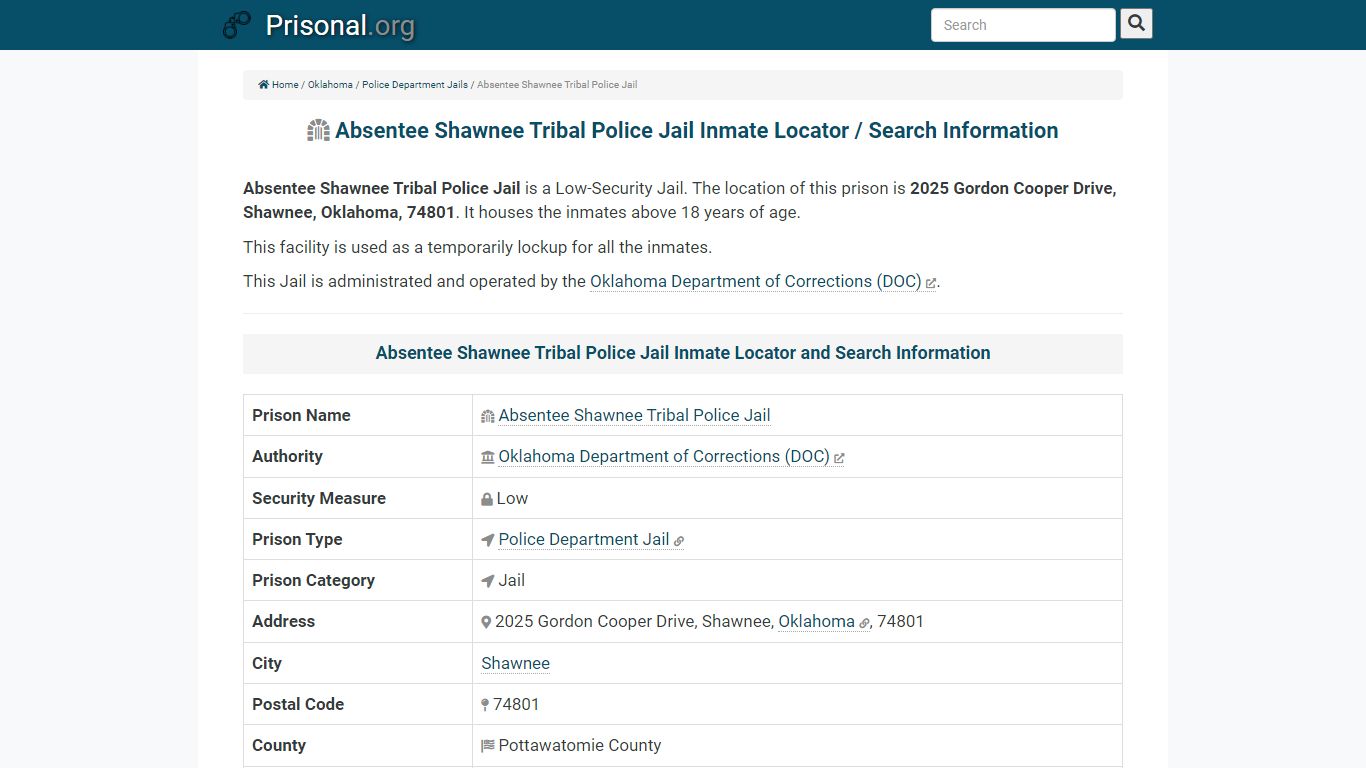 Absentee Shawnee Tribal Police Jail-Inmate Locator/Search ...